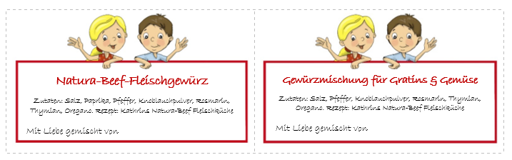 Beispiele für Etiketten mit Lea und Ben für Fleischgewürz und Gewürzmischung für Gratins und Gemüse. Die Zutaten sind angegeben und unten steht "Mit Liebe gemischt von".